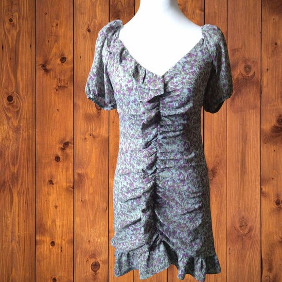 ASTR The Label Women's Small Shirred Floral Ruffle Mini Dress Short Puff Sleeve - Picture 1 of 7